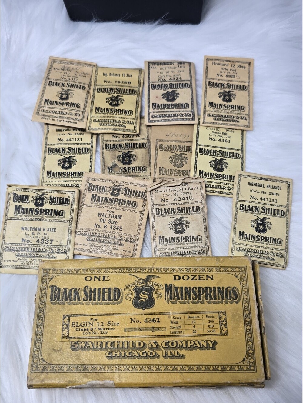 Lot 12 NOS Black Shield Mainsprings Swartchild Elgin Waltham
